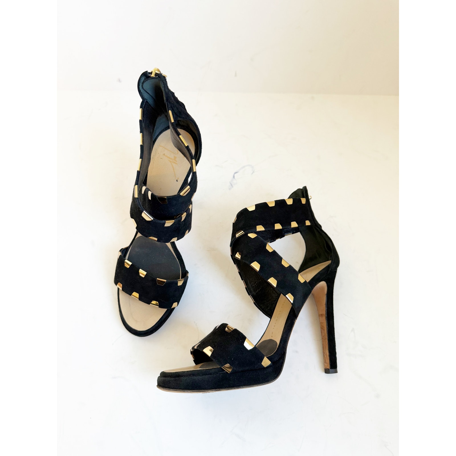 Giuseppe Zanotti Black Suede Cross Ankle Strap Sandals Gold 38.5